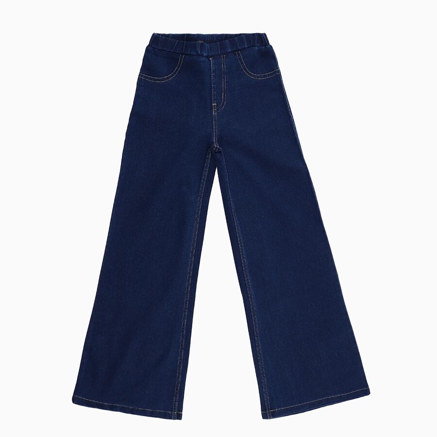 Girls' Deep Indigo Wide-Leg High Waist Jeans, गहरा नीला, large