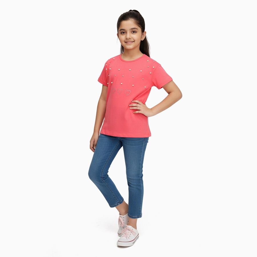 Girls Bright Coral Pink Cotton Round Neck Casual T-Shirt, Pink, large