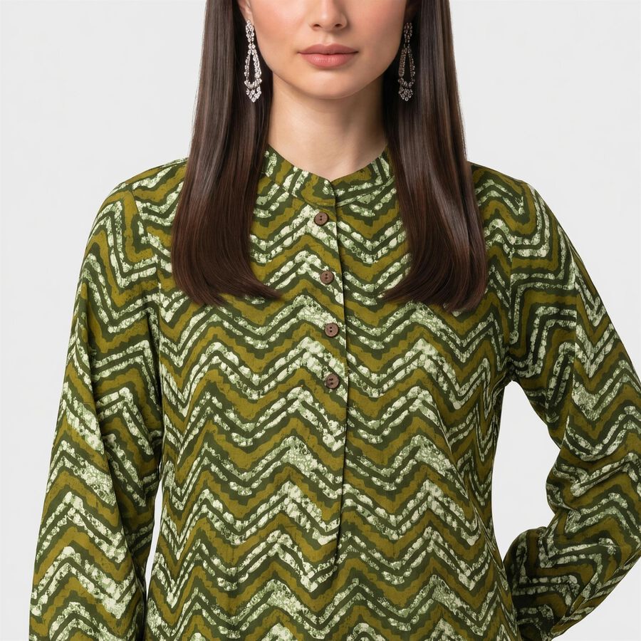 Women's Olive Green Mandarin Collar Geometric Kurti, ओलिव, large
