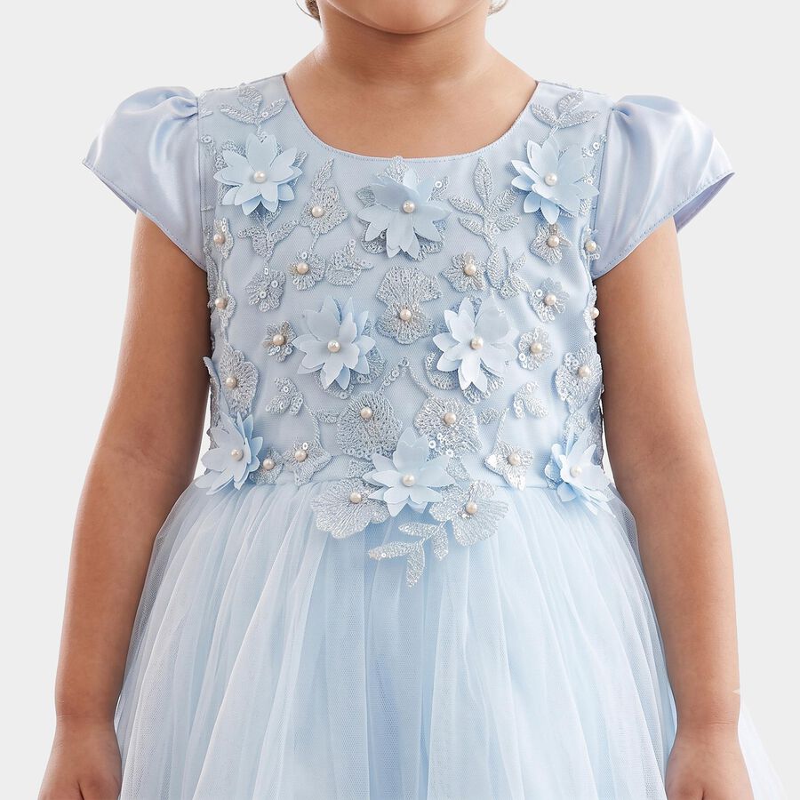 Girls' Light Blue Fit and Flare Floral Applique Party Wear Frock, हल्का नीला, large