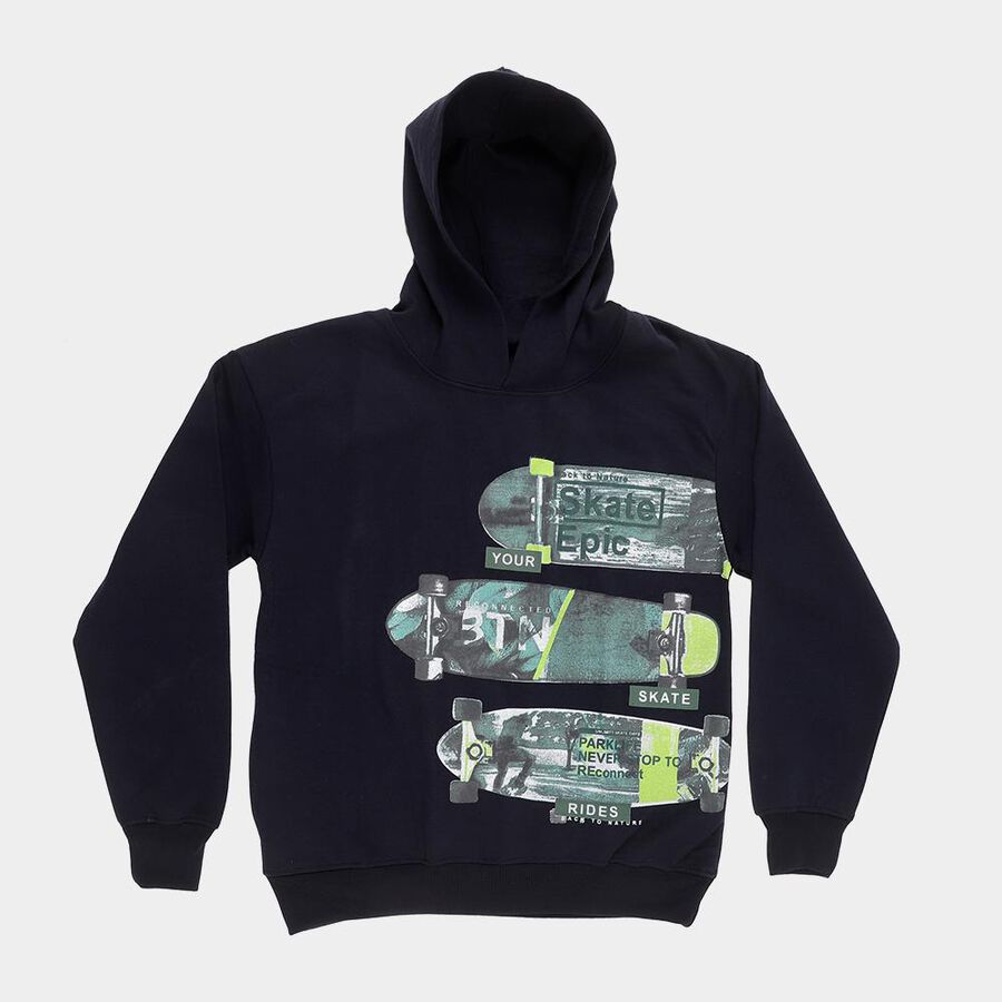 Boys Deep Midnight Navy Blue Hoodie Neck Graphic Sweatshirt, Navy Blue, large image number null