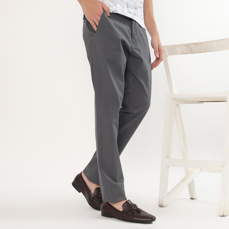 Men's Charcoal Grey Slim Fit Flat-Front Casual Trousers, Light Blue, large image number null