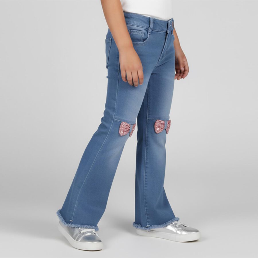 Girls' Light Blue Flared Fit Embellished Jeans, Mid Blue, large image number null