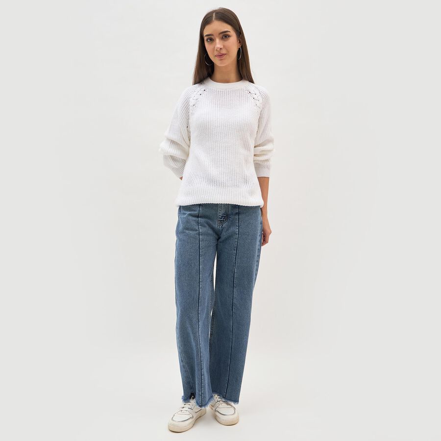 Women's Stonewashed Blue Wide-Leg High-Rise Jeans, मध्यम नीला, large image number null