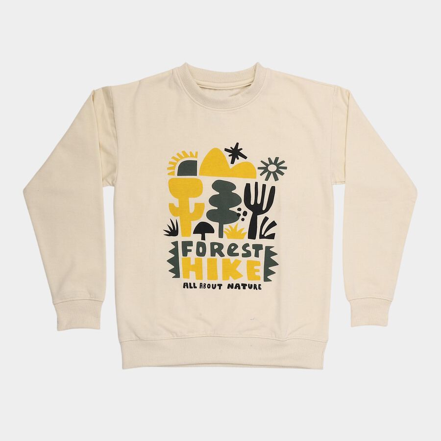 Boys' Beige Crew Neck Graphic Print Sweatshirt, गहरा पीला, large