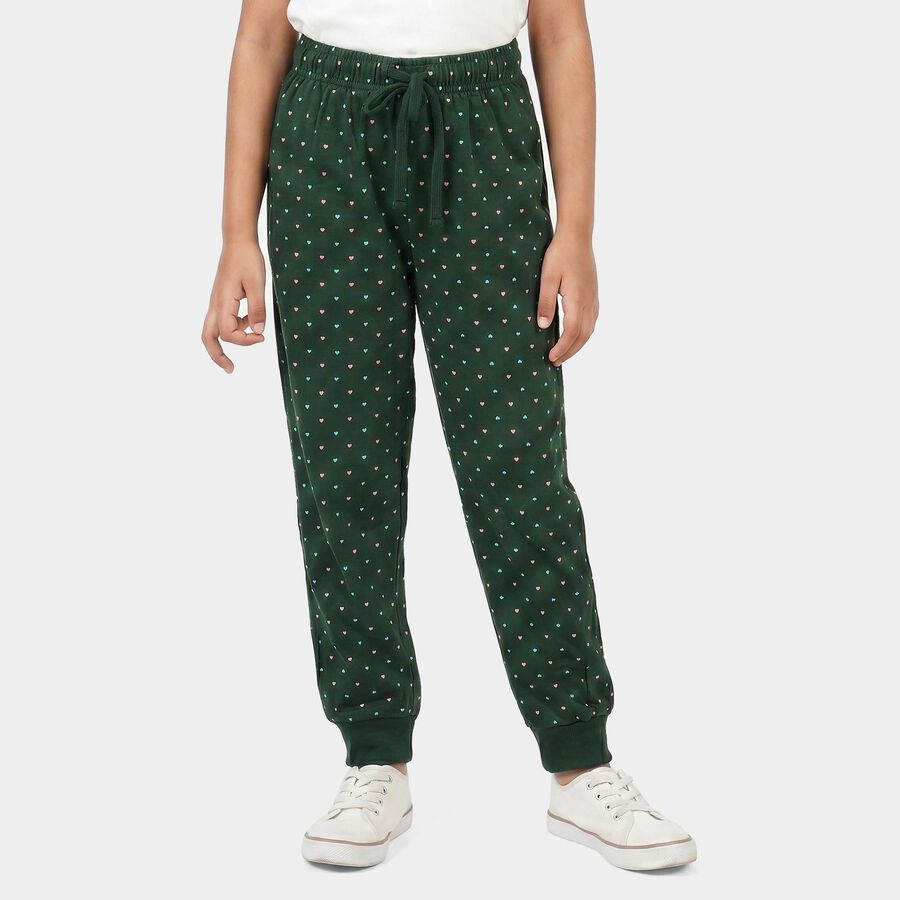 Girls Green Jogger Fit Heart Printed Cotton Blend Pyjama, Dark Green, large