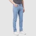 Men's Navy Blue Slim Fit Five Pocket Jeans, आइस ब्लू, small