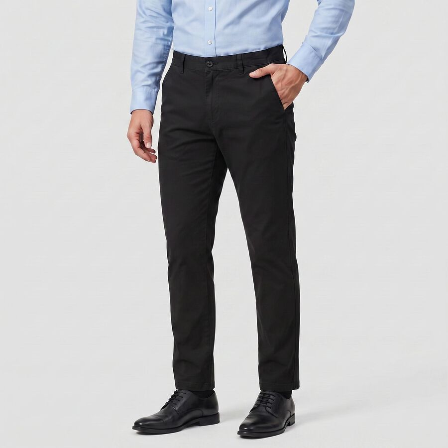 Men's Black Slim Fit Flat-Front Chino Trousers, काला, large