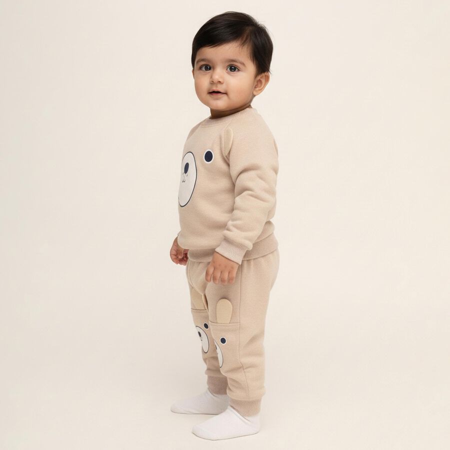 Infants' Beige Cotton Blend Raglan Sleeve Bear Print Baba Suit, Ecru Melange, large image number null