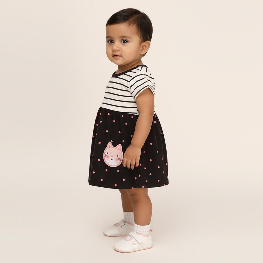 Infants' Black and White Striped Cotton Cat Print Frock, Dark Grey, large image number null