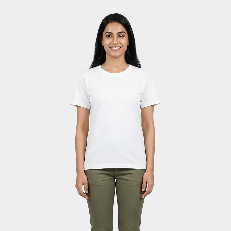 Women's White Cotton Round Neck Casual T-Shirt, White, large