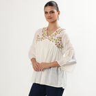 Women's Ivory White Cotton V-Neck Embroidered Kurti, ऑफ व्हाइट, small image number null