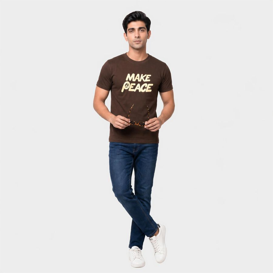 Men's Brown Round Neck Regular T-Shirt, Brown, large