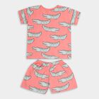 Boys Bright Coral Pink Cotton Round Neck Cartoon Print Night Suit, लाल, small image number null