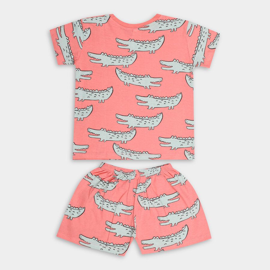 Boys Bright Coral Pink Cotton Round Neck Cartoon Print Night Suit, लाल, large image number null
