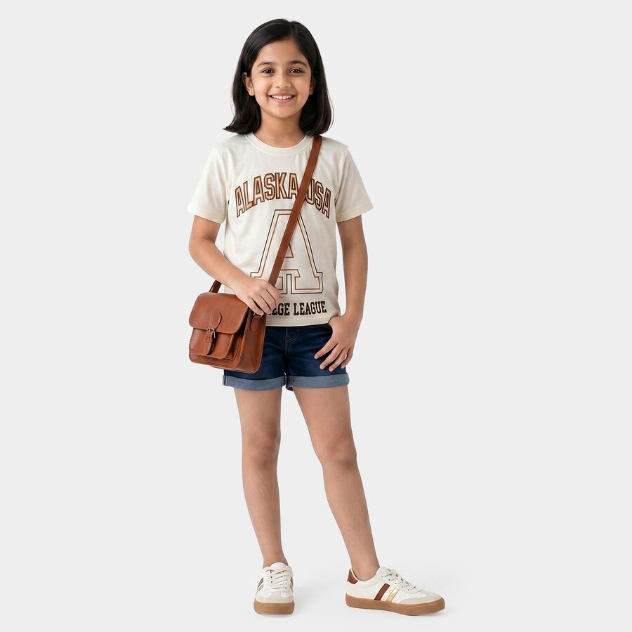 Girls White Round Neck Regular T-Shirt, सफ़ेद, large