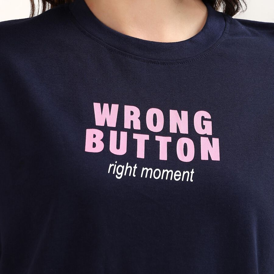 Women's Navy Blue Cotton Round Neck Casual T-Shirt, नेवी ब्लू, large