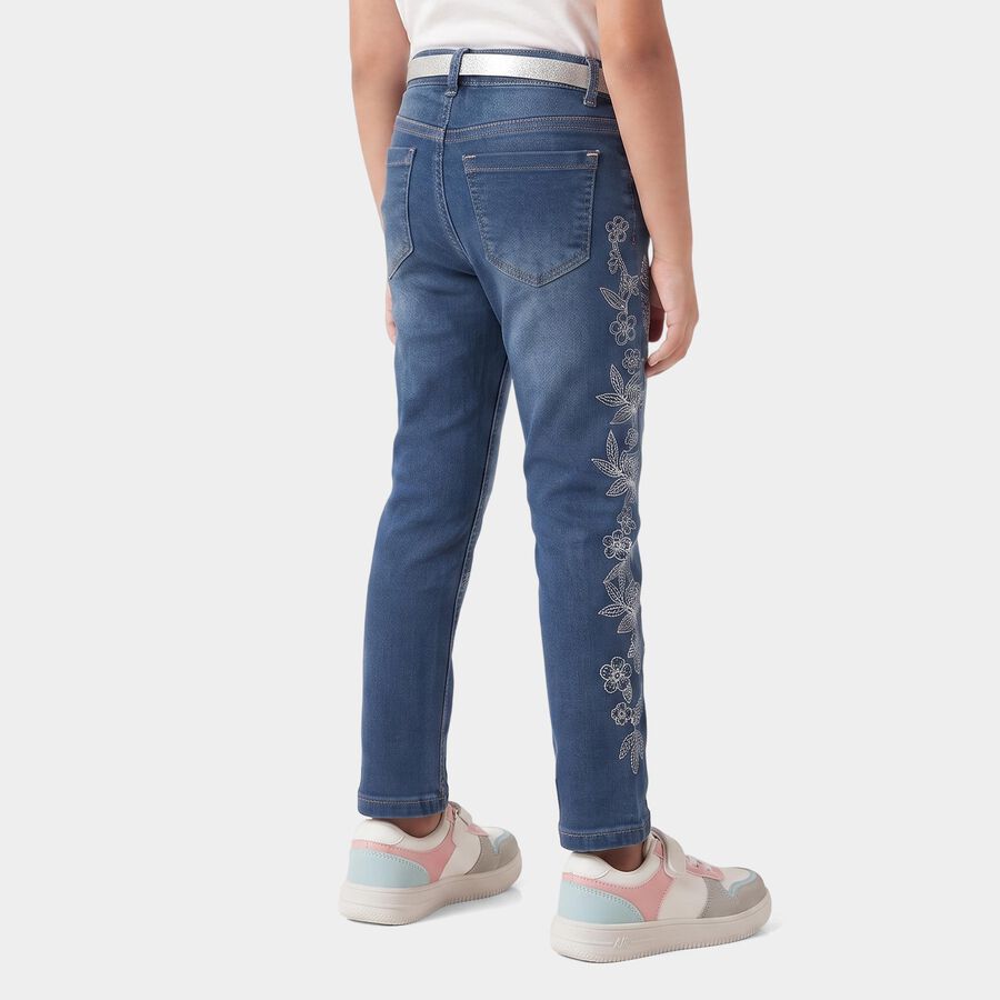 Girls Blue Straight Fit Embroidered Jeans, Mid Blue, large