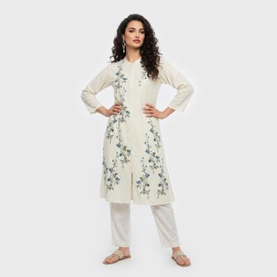 Women's Dark Blue Mandarin Collar Floral Printed Straight Kurta