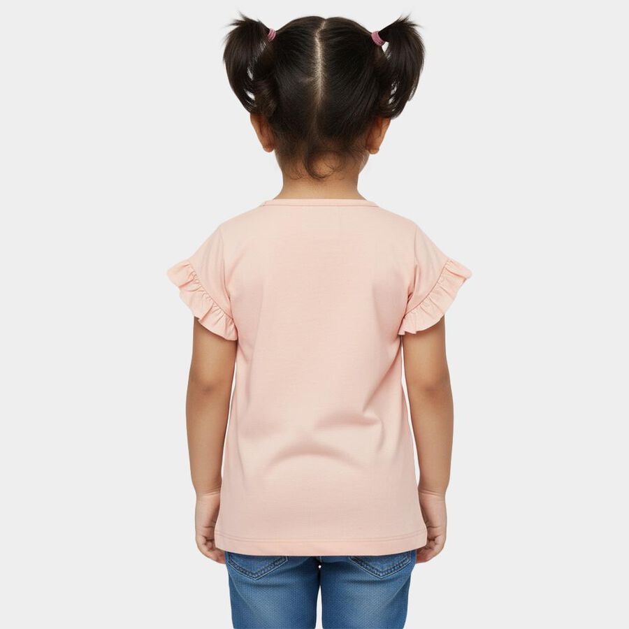 Girls' Pink Cotton Round Neck Casual T-Shirt, Light Pink, large