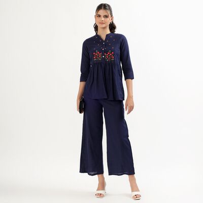 Women's Deep Midnight Navy Blue Cotton Embroidered Ethnic Set