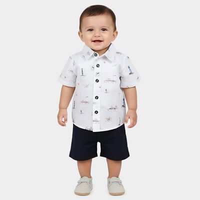 Infants' Navy Blue Cotton Collared Nautical Printed Baba Suit