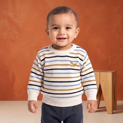 Infants' Off White Crew Neck Striped Pullover