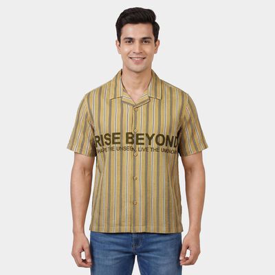 Men's Beige Cotton Spread Collar Casual Shirt