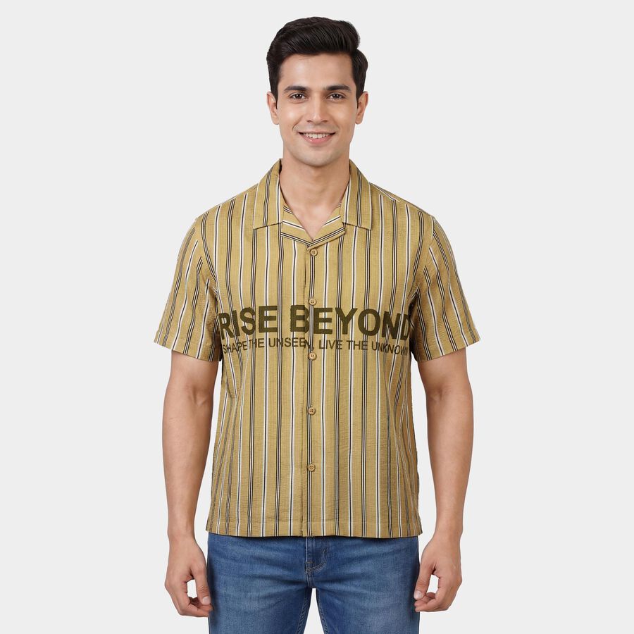Men's Beige Cotton Spread Collar Casual Shirt, Beige, large