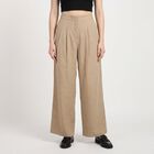 Women's Beige Wide Leg Pleated Trousers, Beige, small