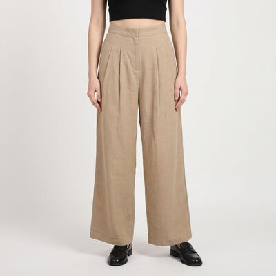 Women's Beige Wide Leg Pleated Trousers