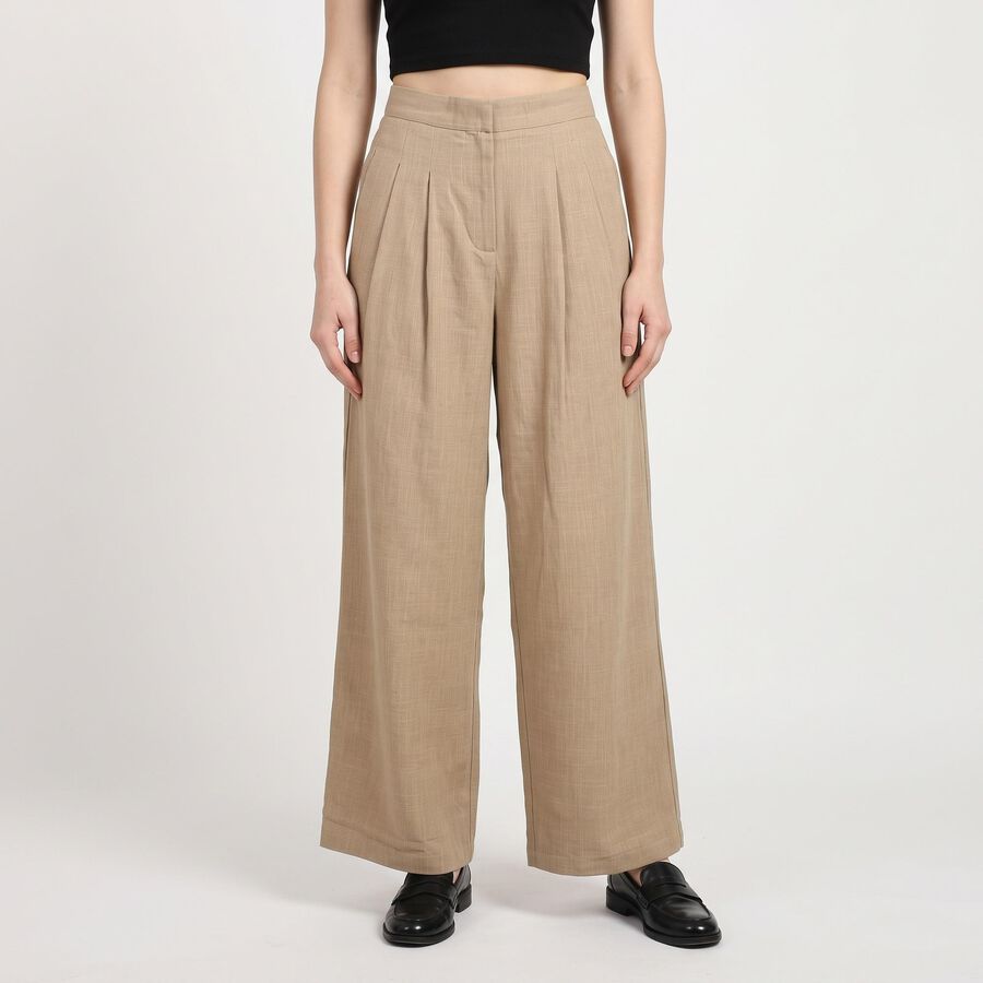 Women's Beige Wide Leg Pleated Trousers, Beige, large