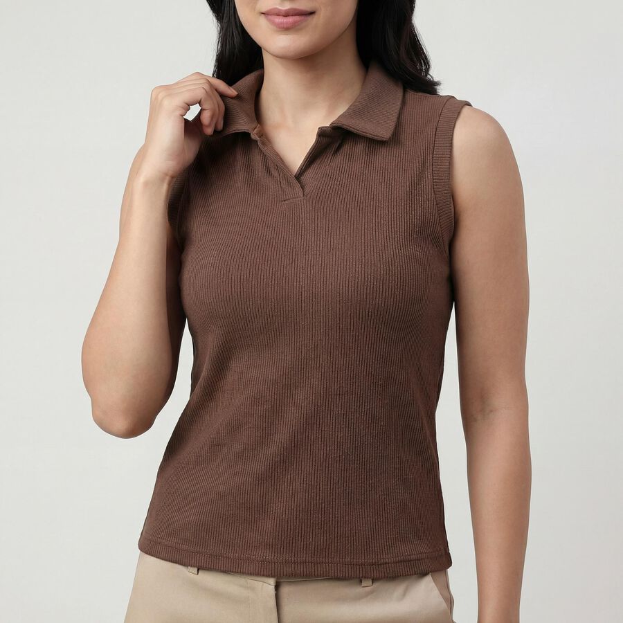 Women's Brown Polo Collar Casual T-Shirt, Brown, large