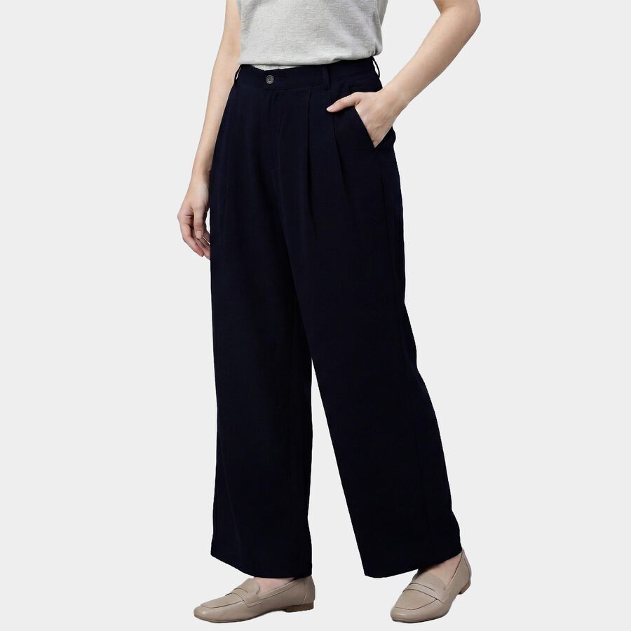 Women's Navy Blue Relaxed Fit Pleated Wide-Leg Trousers, नेवी ब्लू, large