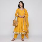 Women's Yellow Cotton Round Neck Mirror Embellished Flared Ethnic Set, पीला, small