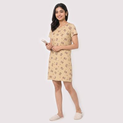 Women Beige Round Neck T-Shirt Style Nighty