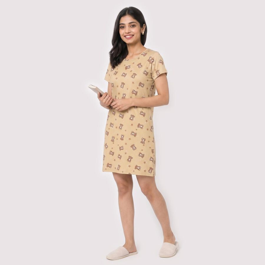 Women Beige Round Neck T-Shirt Style Nighty, Beige, large
