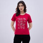 Women's Bright Red Round Neck Casual T-Shirt, Fuchsia, small