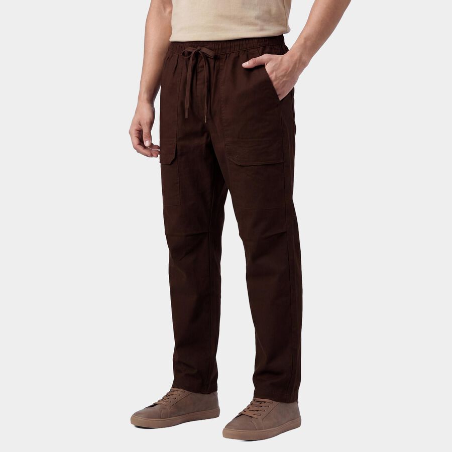 Men's Jet Black Slim Fit Casual Trousers, भूरा, large