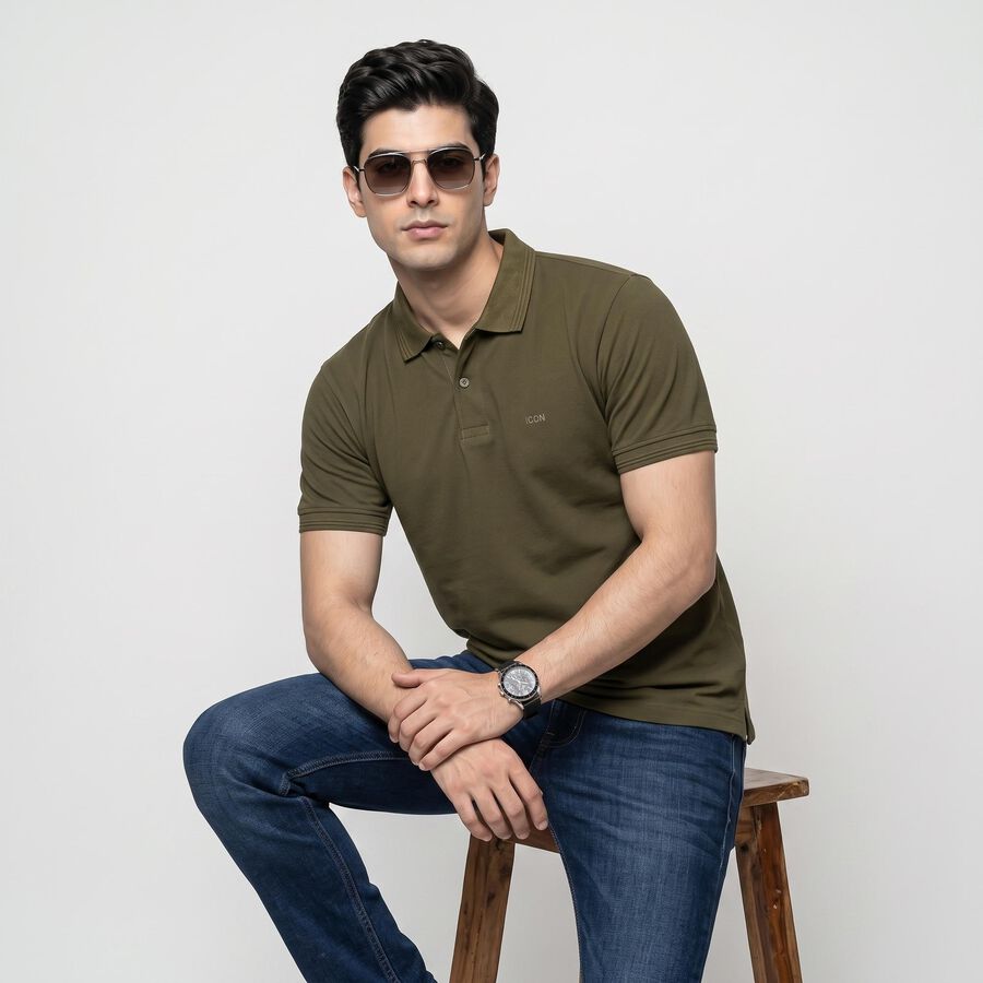 Men's Olive Green Polo Neck Polo T-Shirt, ओलिव, large