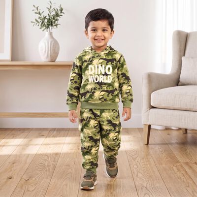 Boys Olive Green Hooded Graphic Print Baba Suit