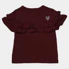Girls Wine Cotton Round Neck Ruffle Sleeve T-Shirt, Wine, small