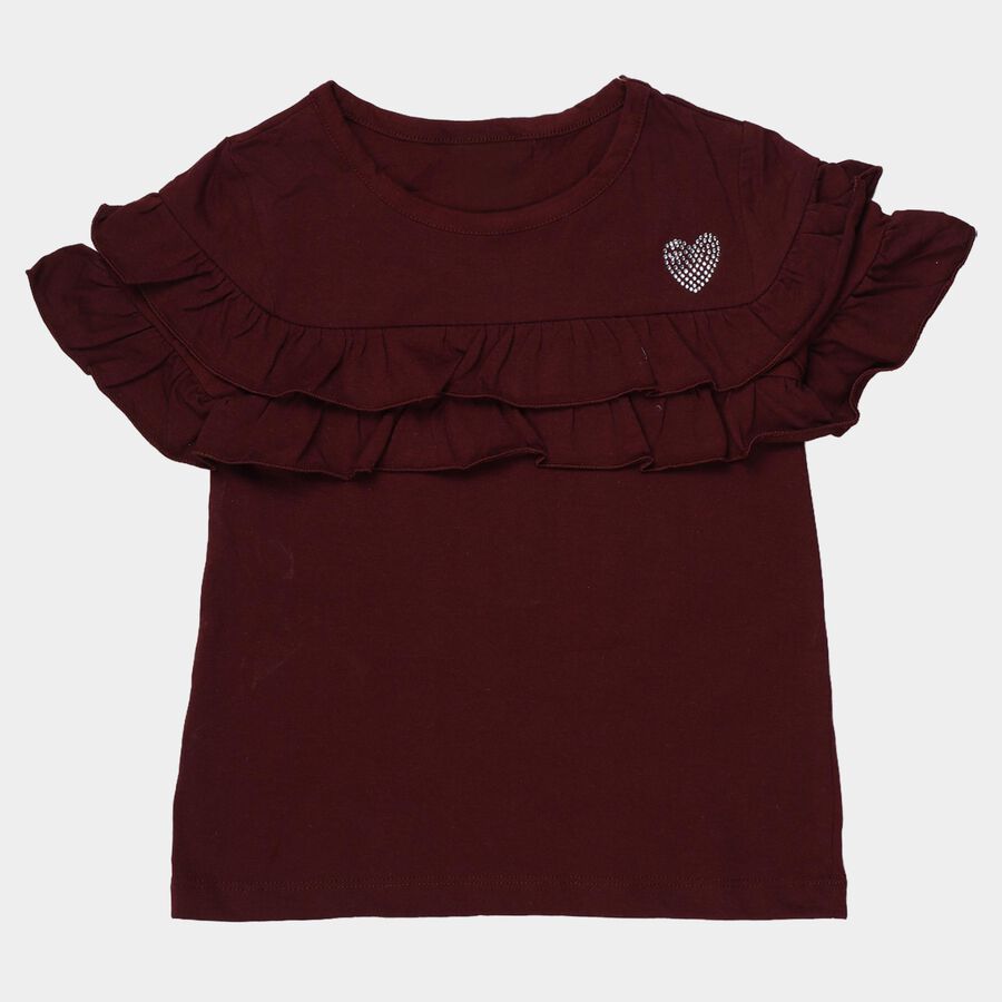 Girls Wine Cotton Round Neck Ruffle Sleeve T-Shirt, Wine, large