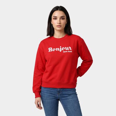 Women Red Crew Neck Pullover Sweatshirt