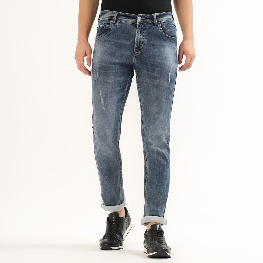 Men's Stonewashed Blue Skinny Fit Distressed Jeans, गहरा ग्रे, large image number null
