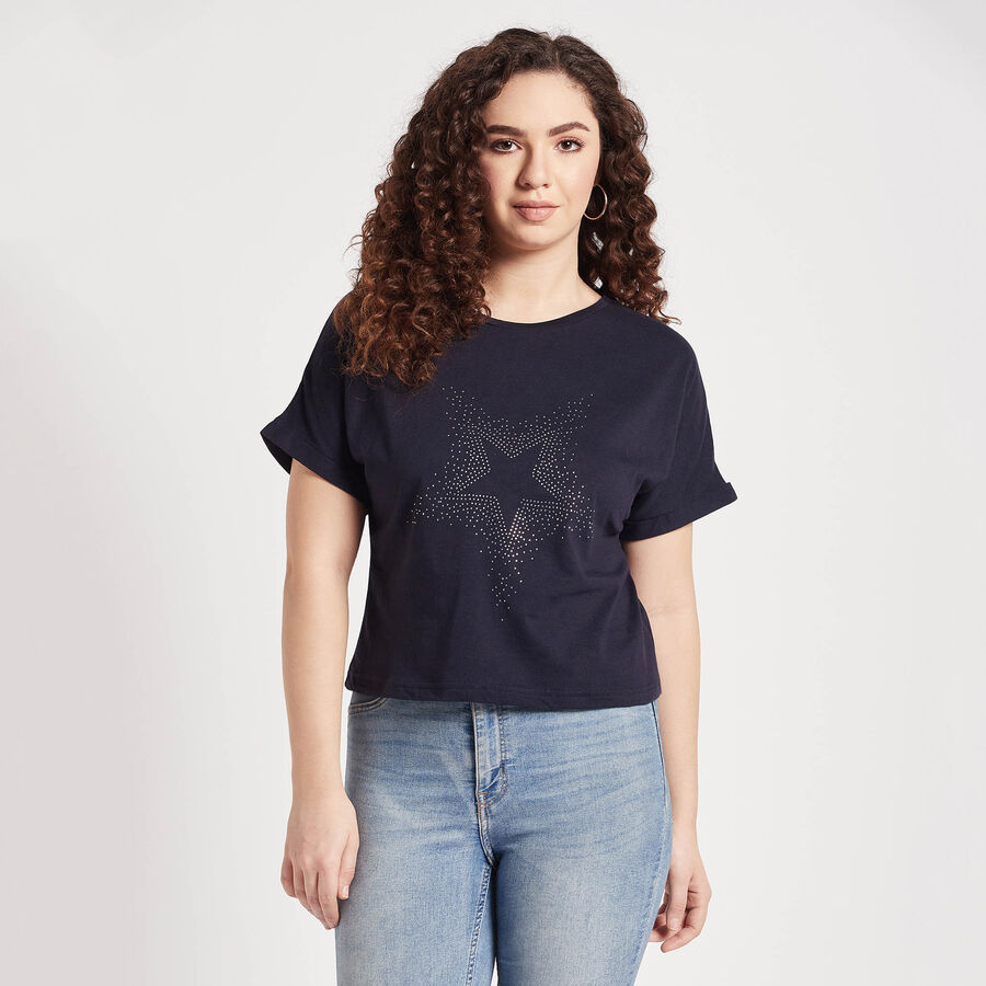 Round Neck T-Shirt, Navy Blue, large image number null