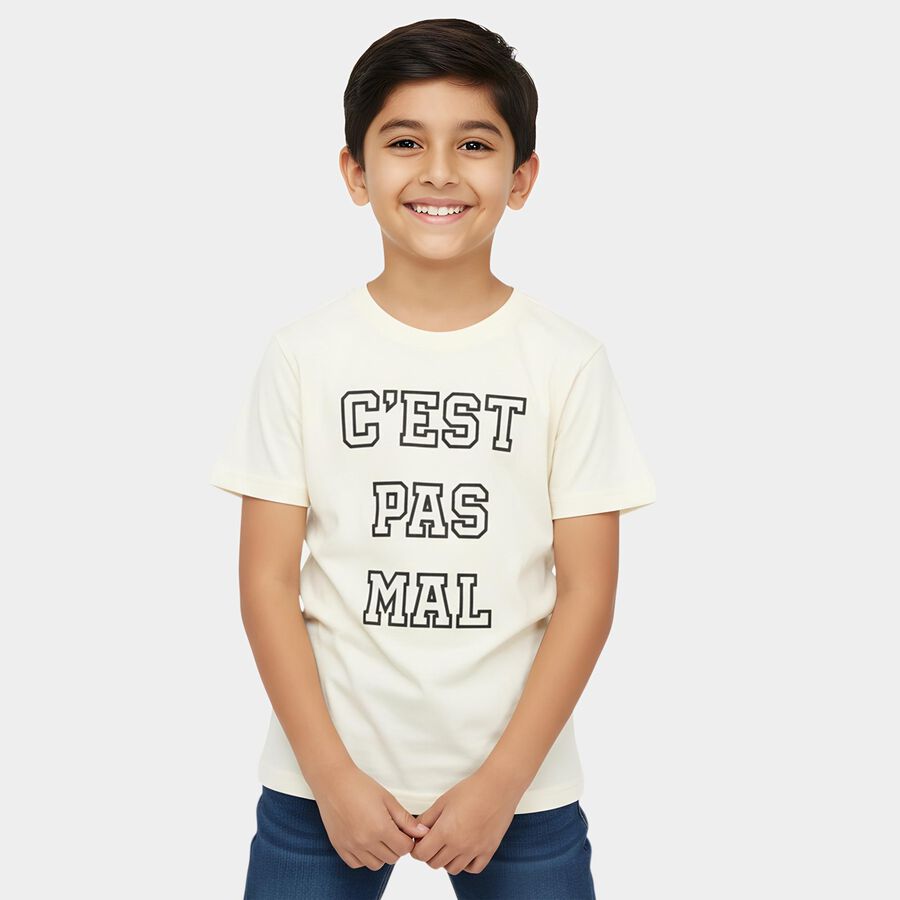 Boys' White Round Neck Casual T-Shirt, सफ़ेद, large