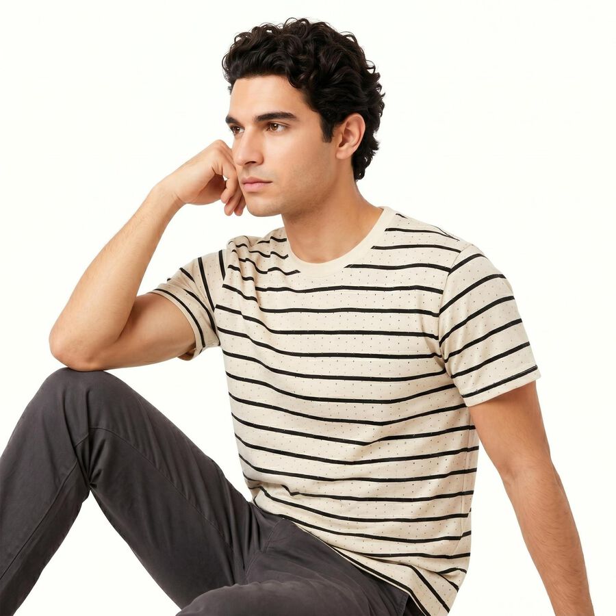 Men's Off White Round Neck Regular T-Shirt, Off White, large