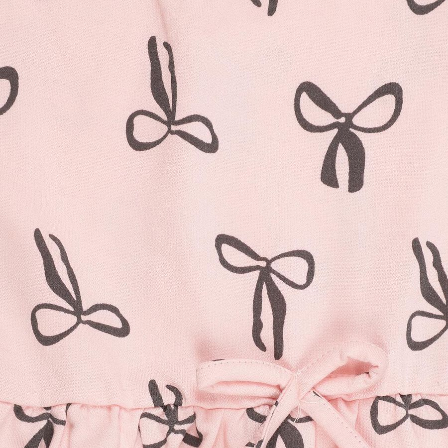 Girls' Soft Pink Bow Print A-Line Frock, Light Pink, large image number null