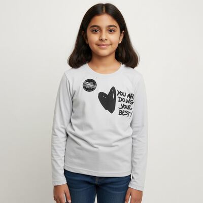 Girls' Light Grey Round Neck Casual Graphic Top